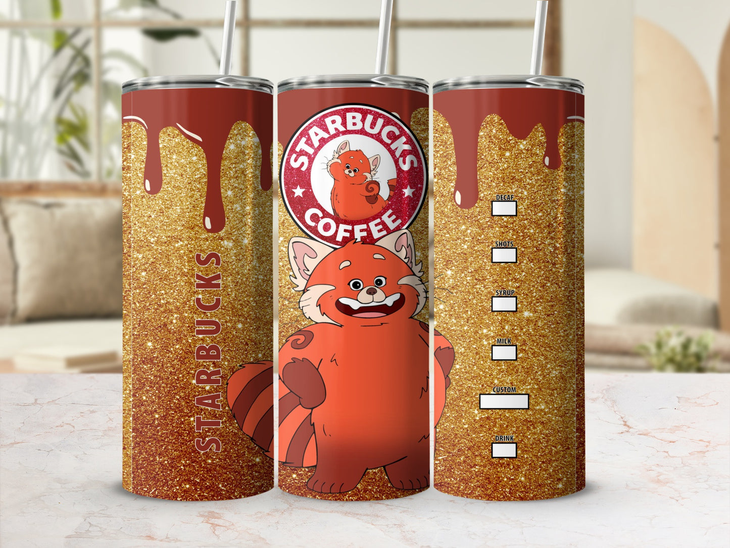 Gold Glitter Starbucks Coffee Tumbler with Cute Red Panda