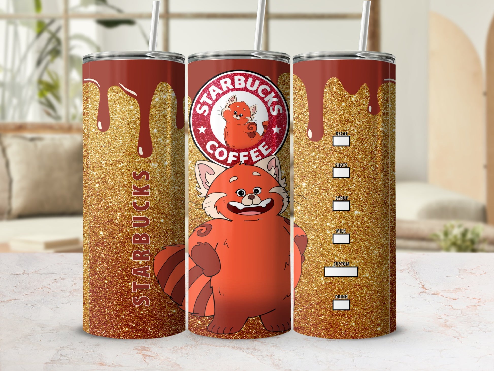 Gold Glitter Starbucks Coffee Tumbler with Cute Red Panda
