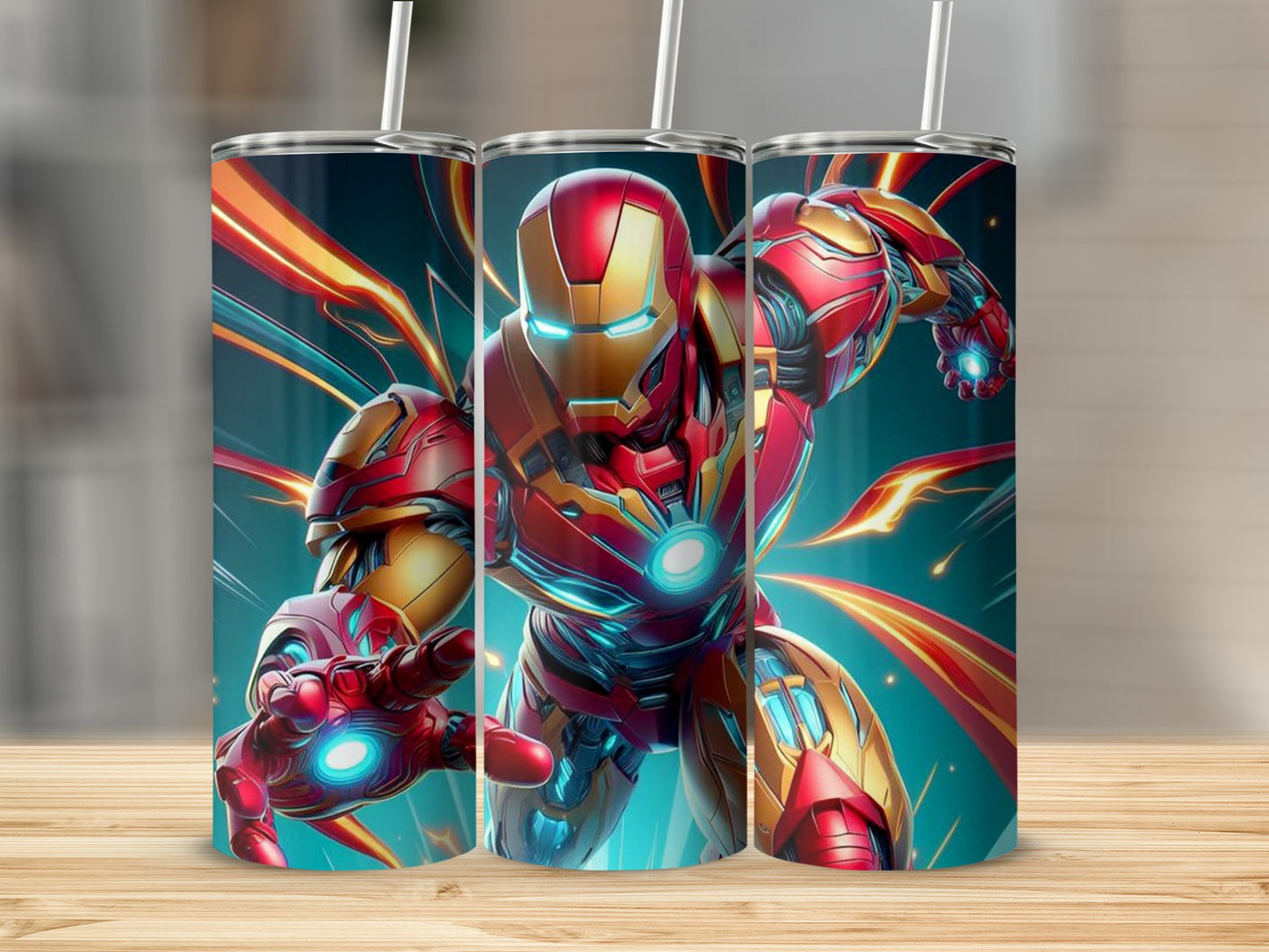 Iron Man in action with glowing energy blasts.