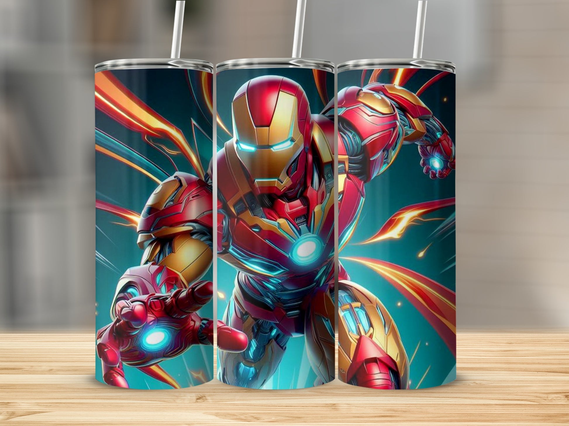 Iron Man in action with glowing energy blasts.