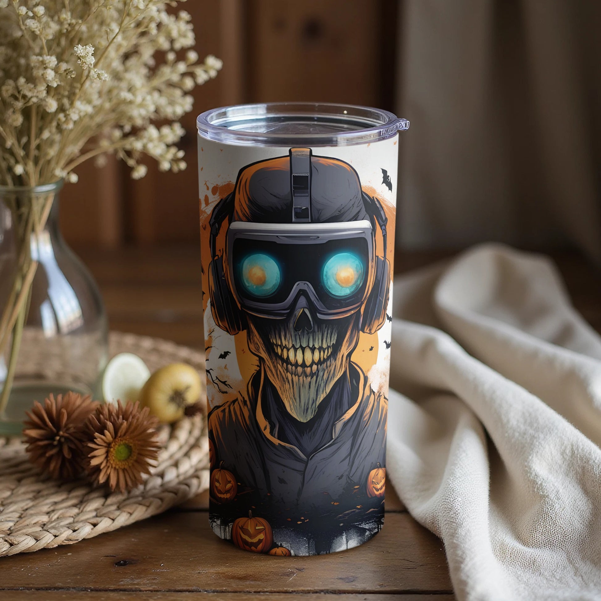 Spooky Skull Headphones Design Insulated Tumbler