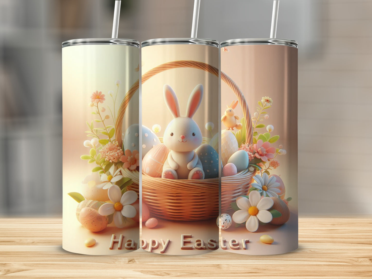 Easter bunny with eggs and flowers in a basket, "Happy Easter" text.