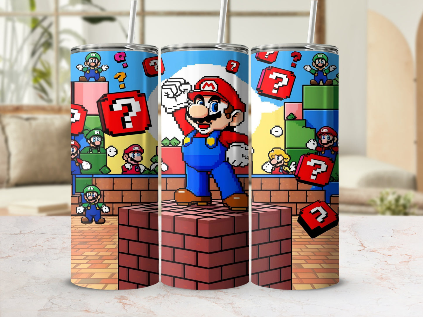 Mario and Luigi characters from Super Mario Bros. on a brick platform.