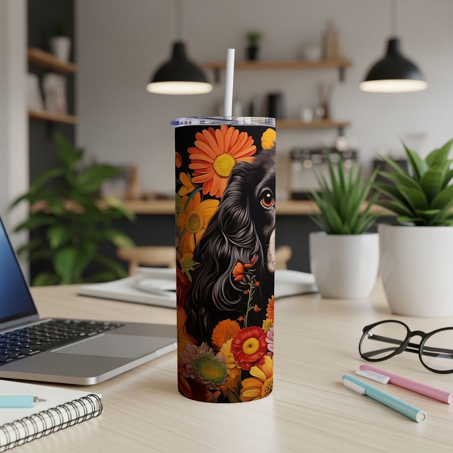 Black dog face with floral pattern on a dark background tumbler.