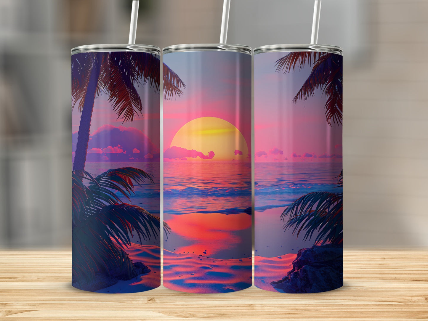 Three tumblers with a sunset beach scene featuring palm trees and ocean waves.