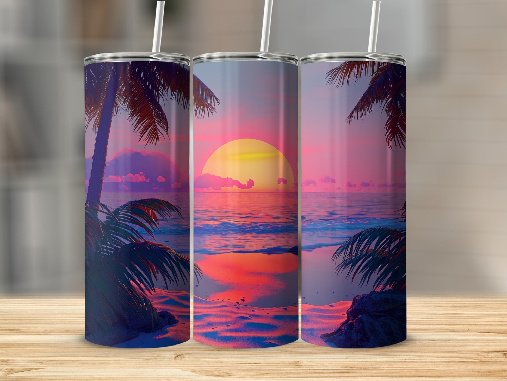 Three tumblers with a sunset beach scene featuring palm trees and ocean waves.