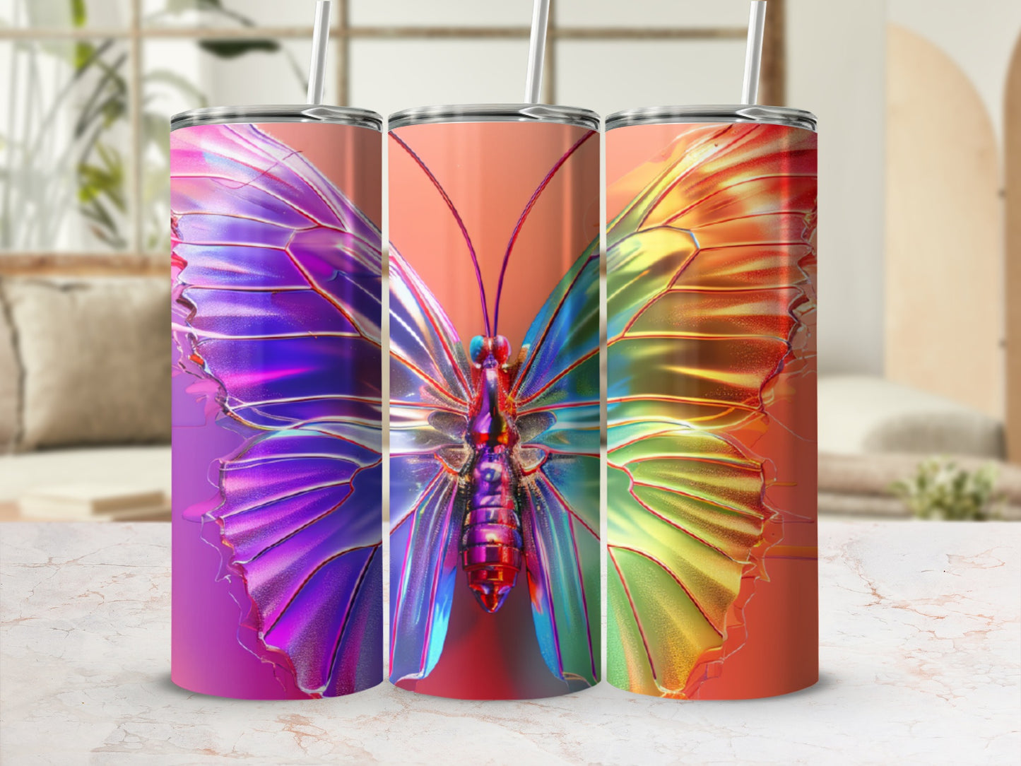 Three tumblers with iridescent butterfly wings design.