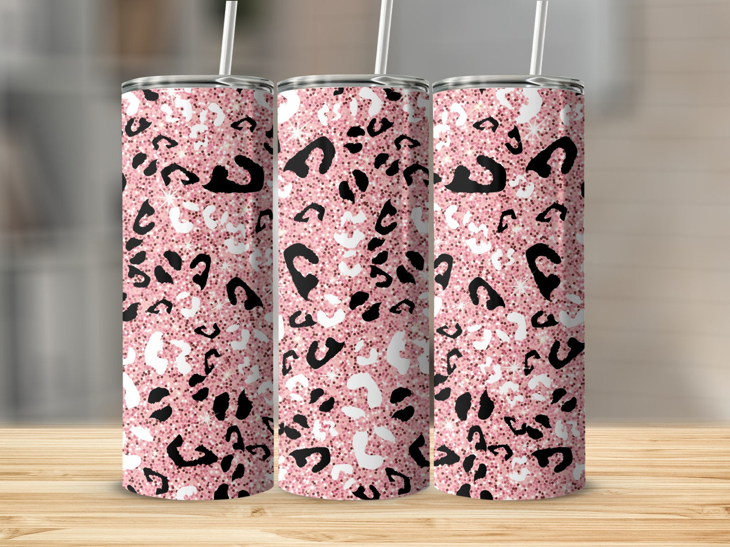 Pink and Black Leopard Print Tumbler with Straw