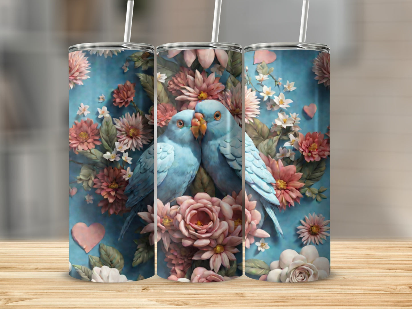 Two blue lovebirds nestled among pink and white flowers on a blue background.