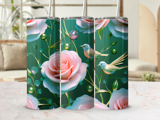 Three tumblers with pink roses, birds, and green beads on a teal background.