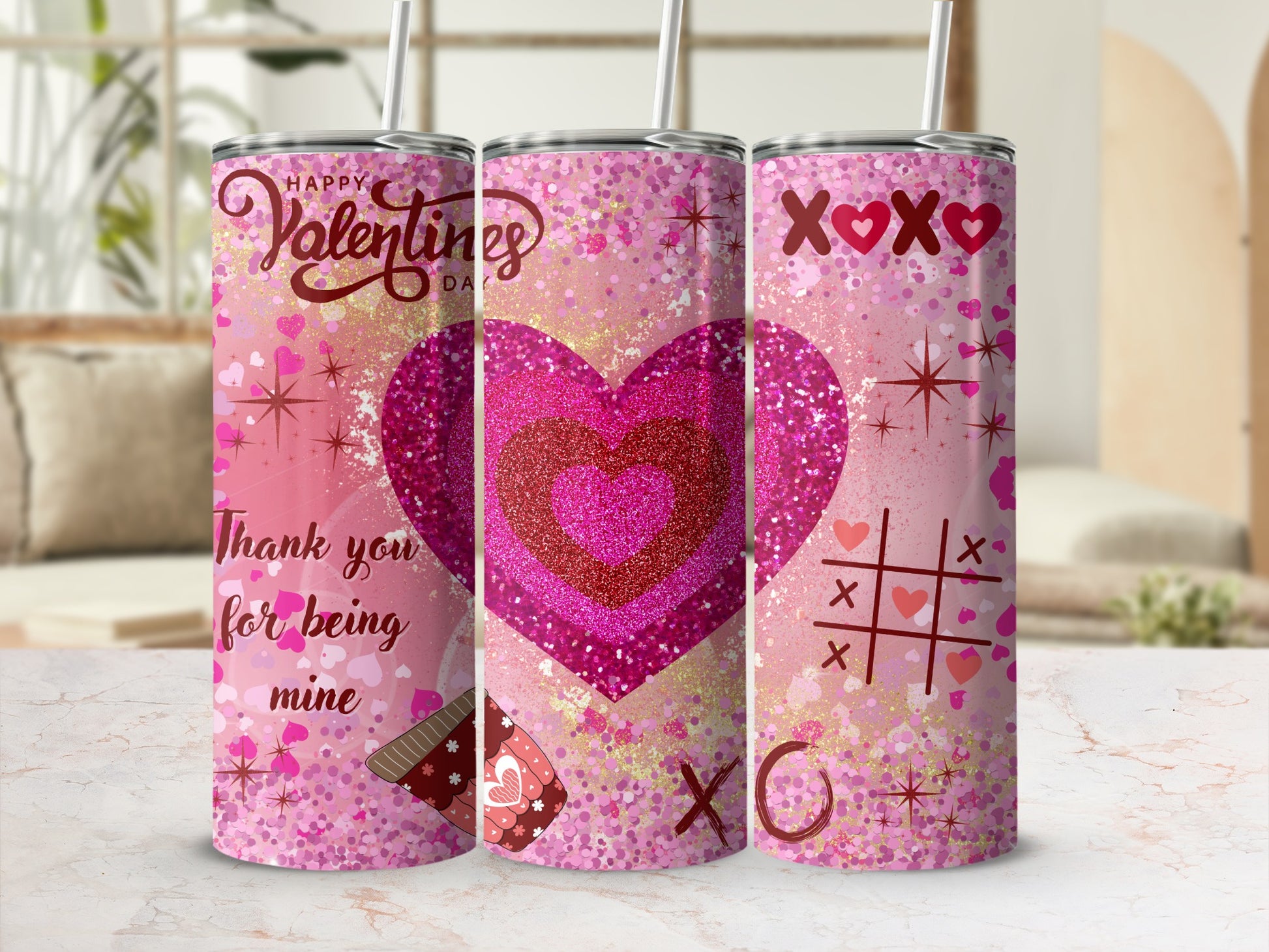 Valentine's Day Special Glitter Heart Design Tumbler