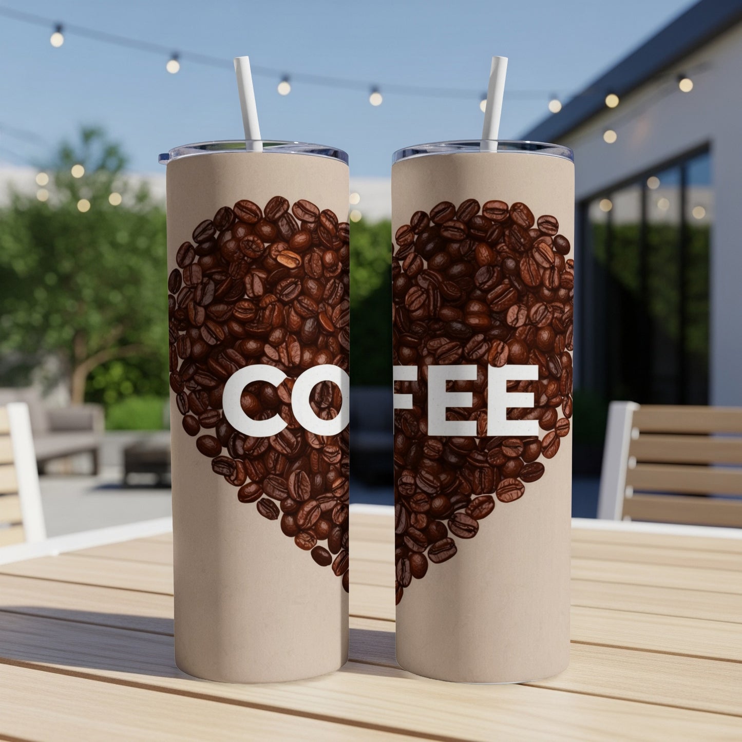 Two tumblers with a heart of coffee beans, the word "COFFEE" in white.