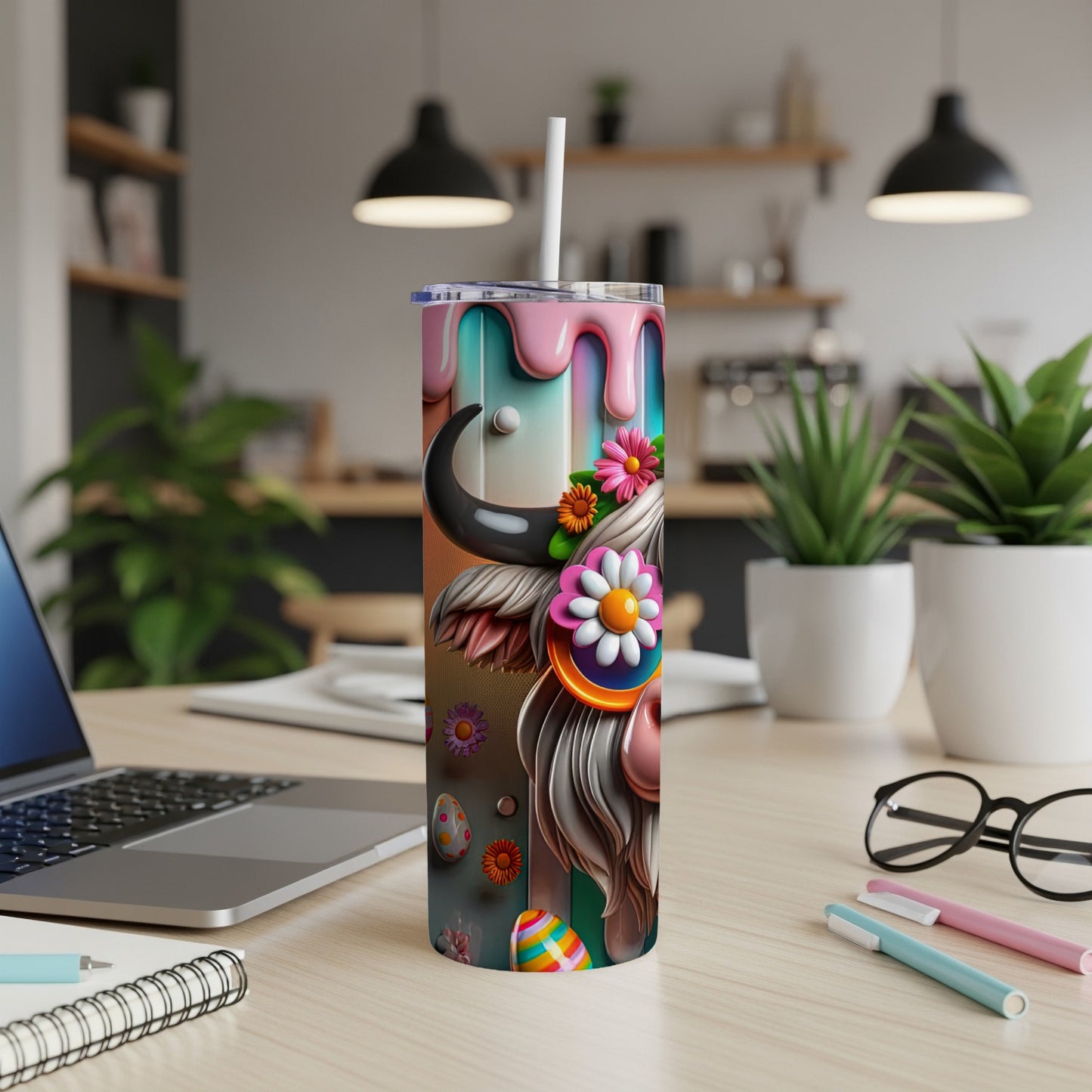 Colorful cow pattern tumbler with Easter eggs and flowers.