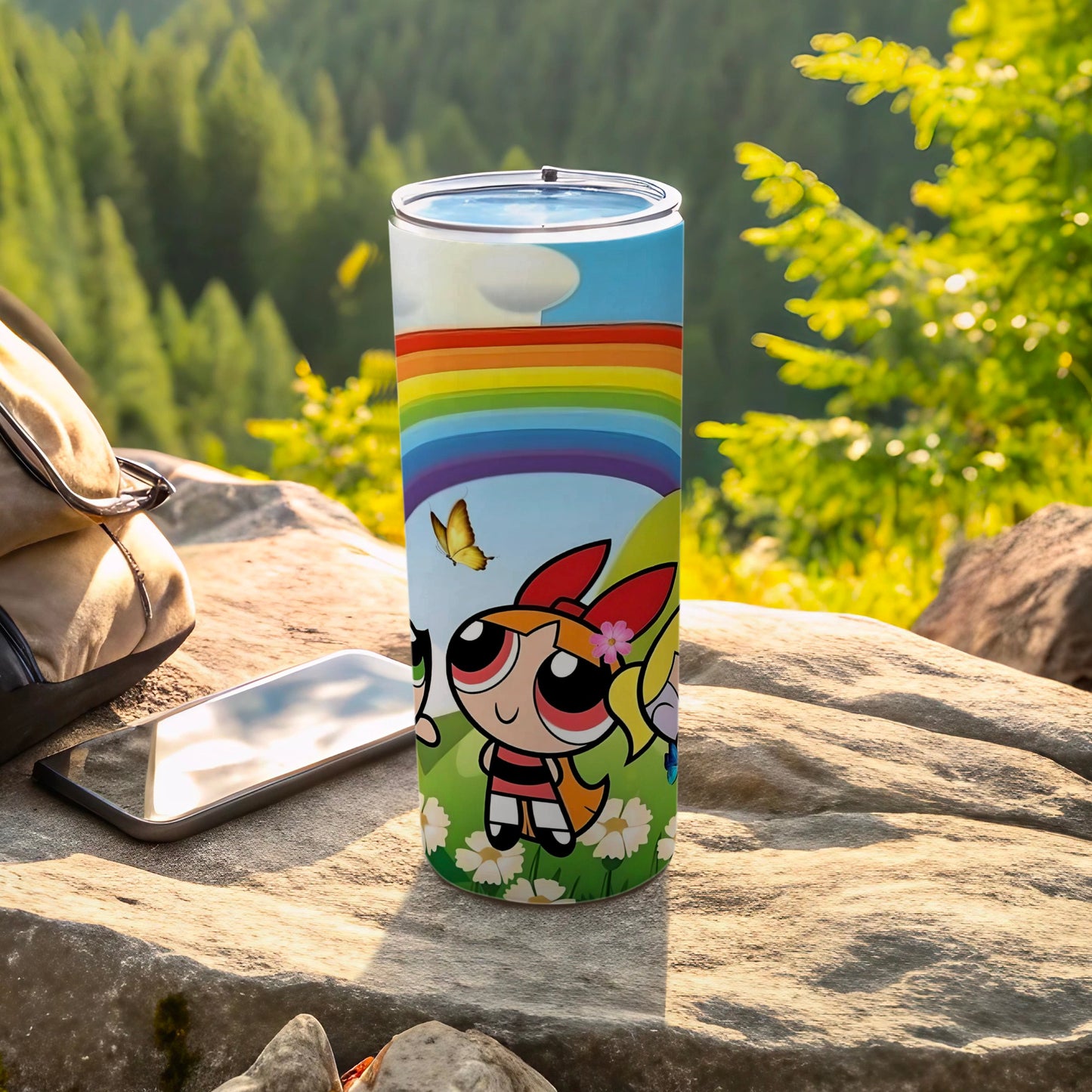 Rainbow Cartoon Character Decorated Tumbler with Lid