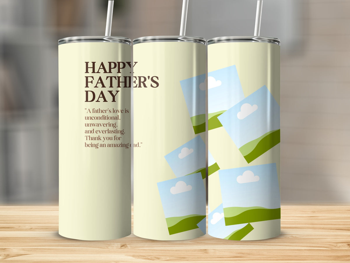 Father's Day tumbler with quote and scattered photo frames of landscapes.