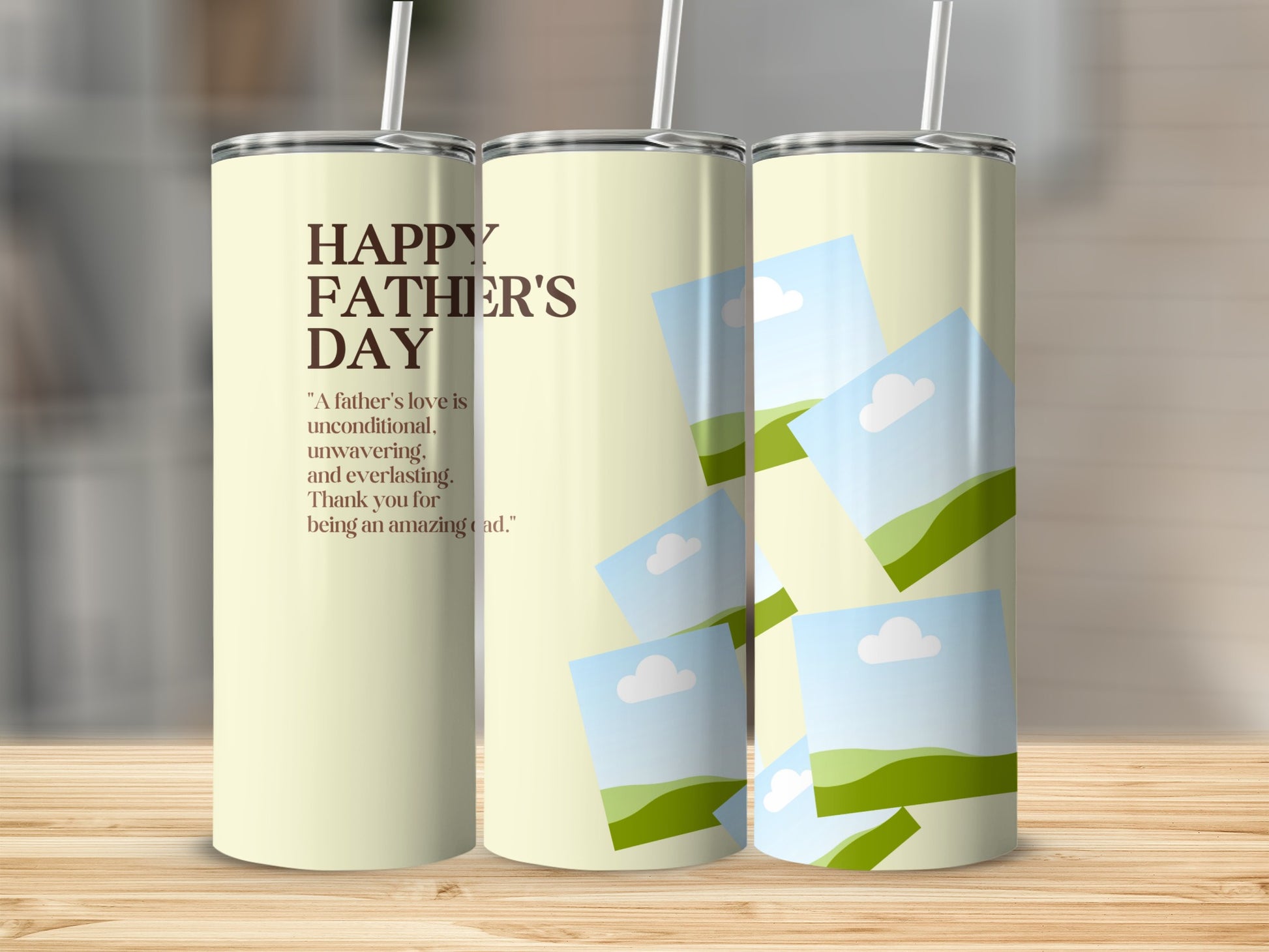 Father's Day tumbler with quote and scattered photo frames of landscapes.
