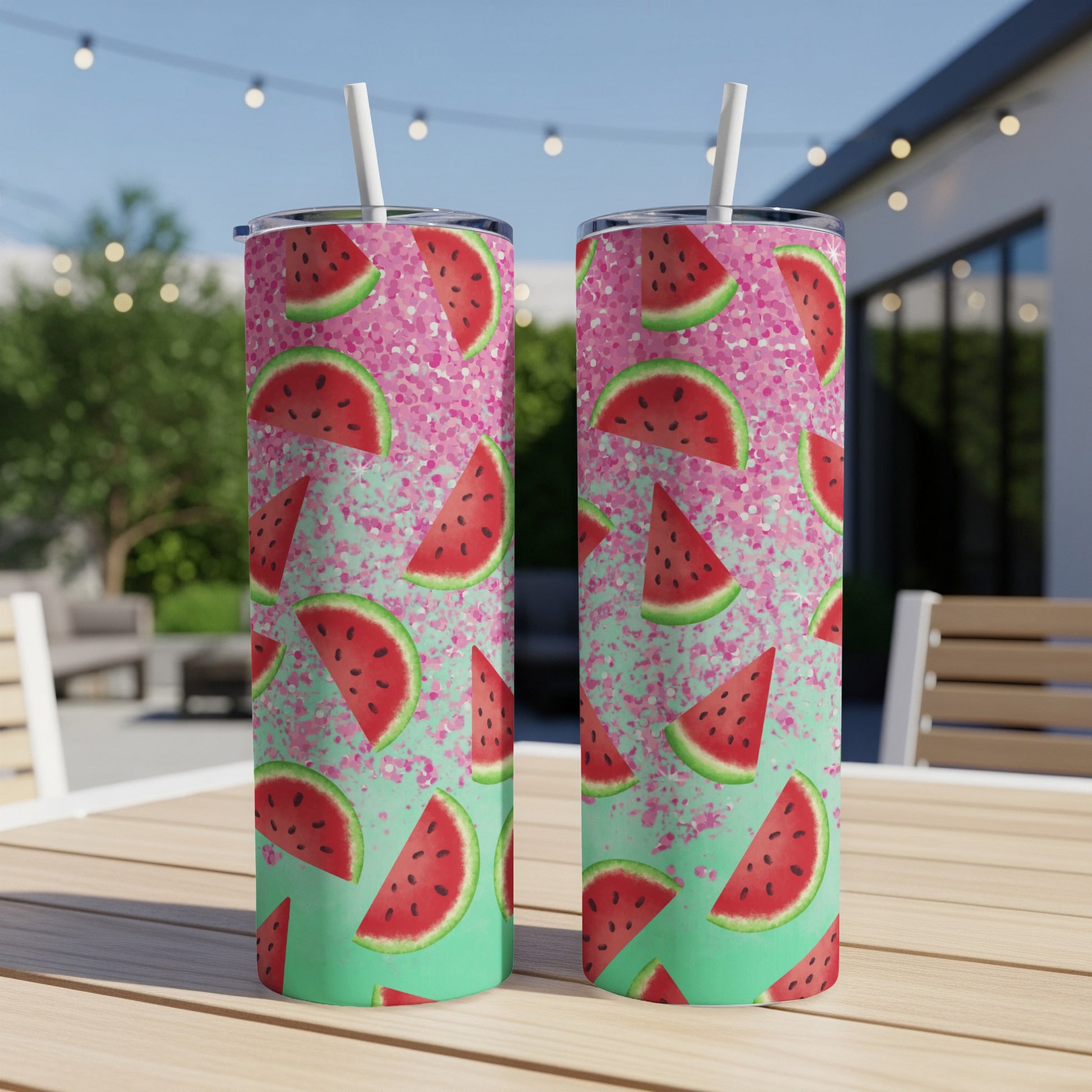 Two tumblers with a watermelon and pink glitter design.