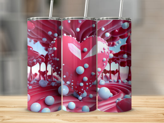 Pink heart and candy-themed tumbler design with swirls and bubbles.