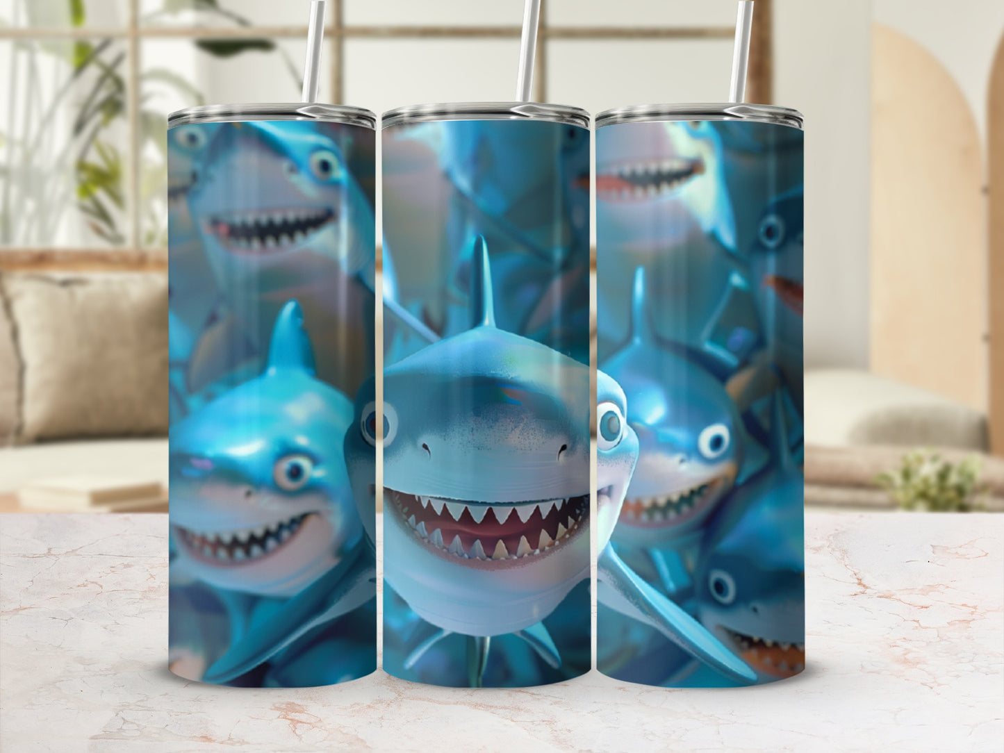 Three tumblers with cartoon sharks smiling and showing teeth.