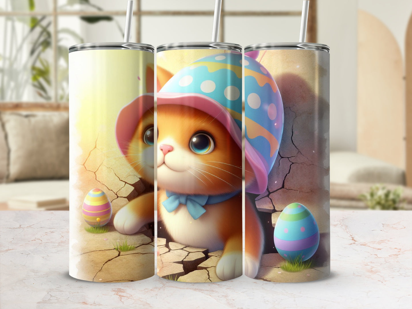 Cute cartoon cat in a hat with Easter eggs.
