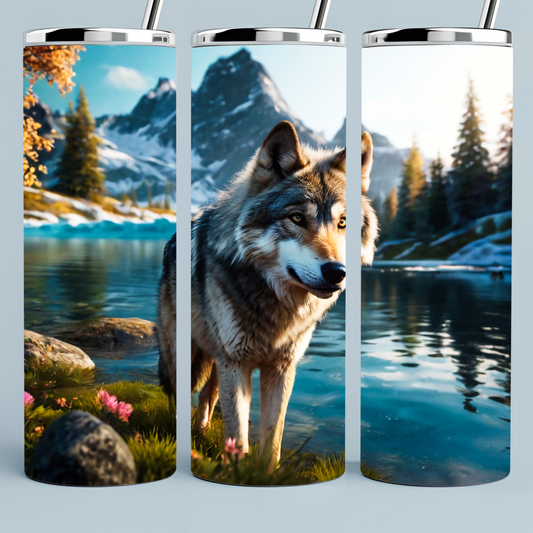 Wolf on the Lake with Mountains Tumbler