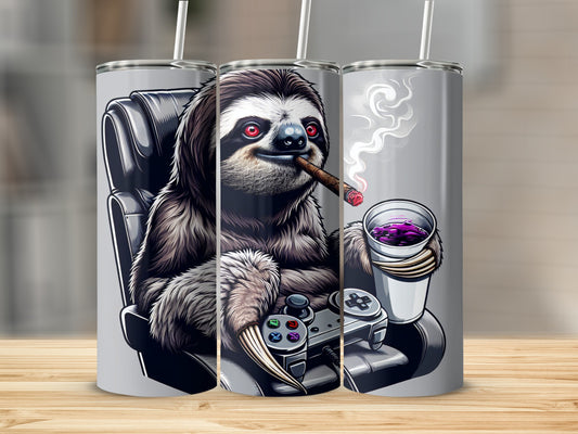 Sloth with Game Controller Tumbler Cup with Straw