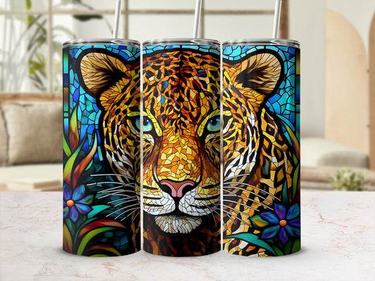 Three tumblers with a mosaic-style jaguar face and floral accents.