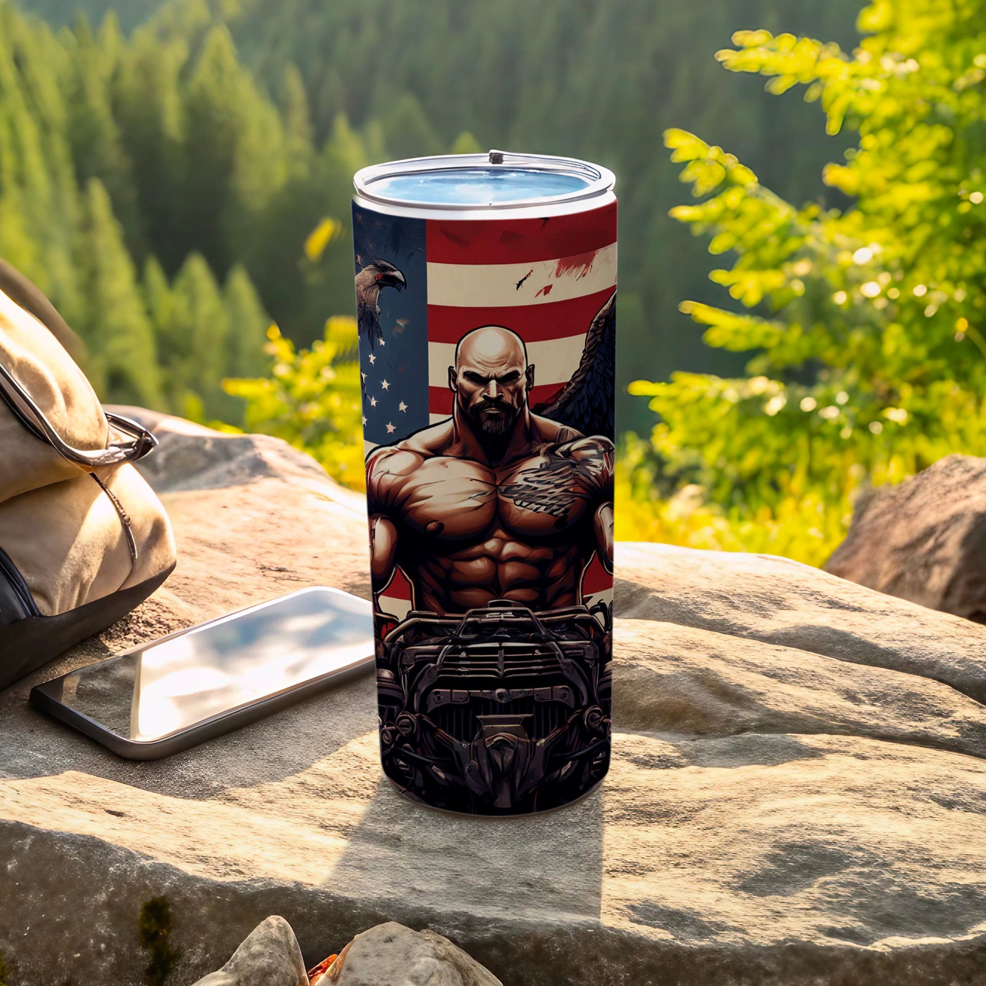 Muscular man with eagle wings and American flag on patriotic tumbler.