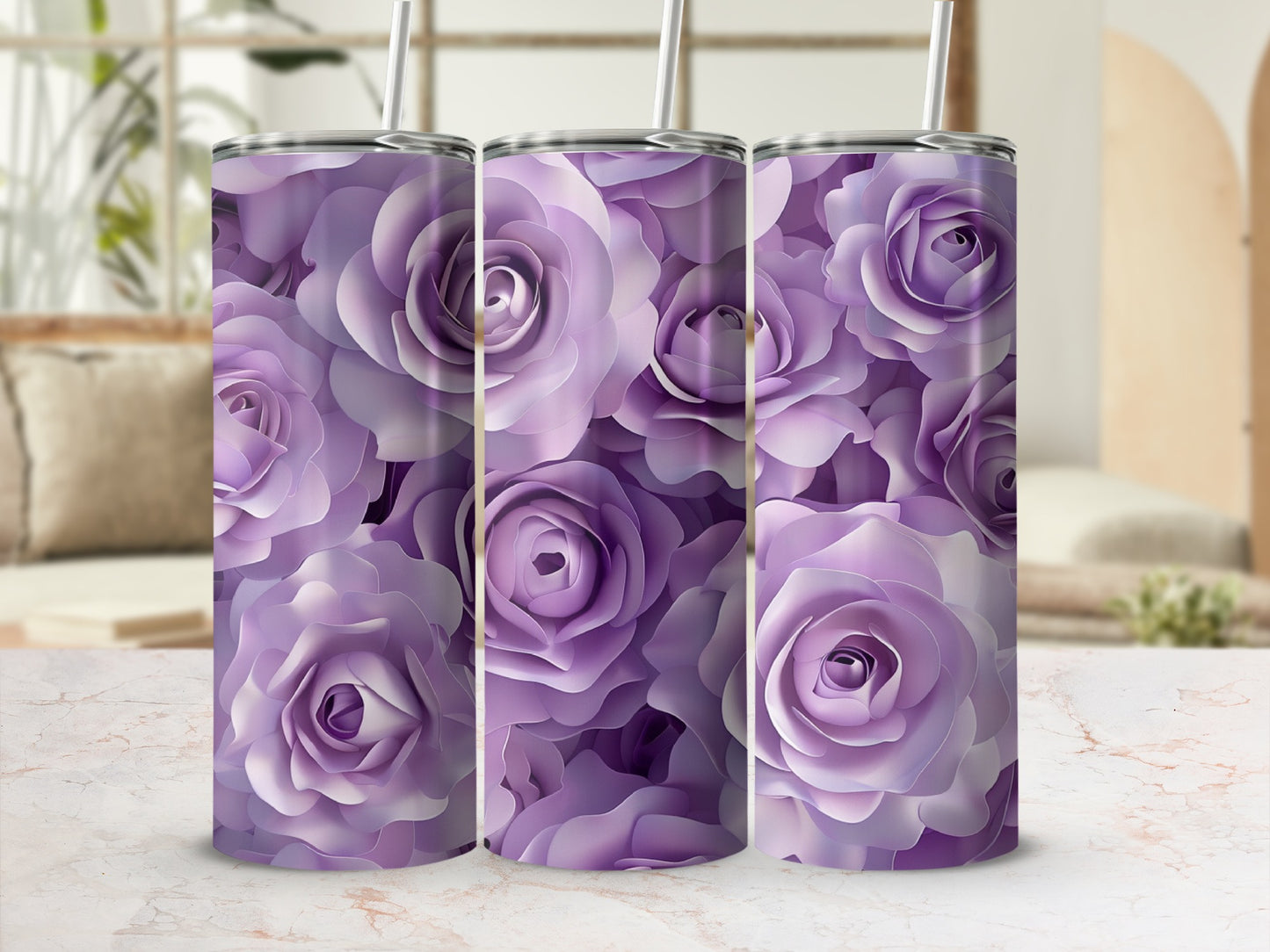 Three tumblers with a seamless purple rose floral pattern.