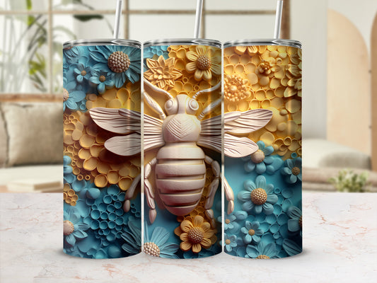 3D bumblebee on floral background on a tumbler.