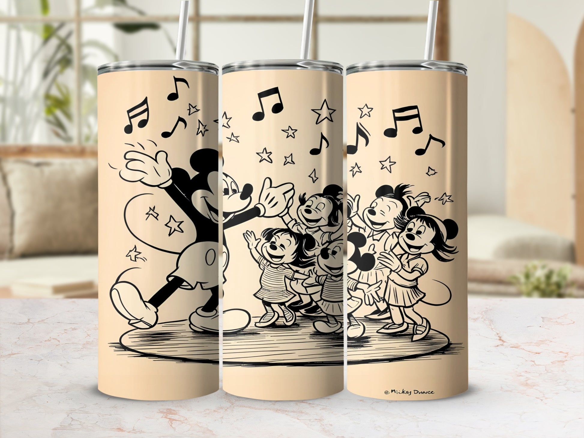 Mickey Mouse and friends singing and dancing with musical notes.