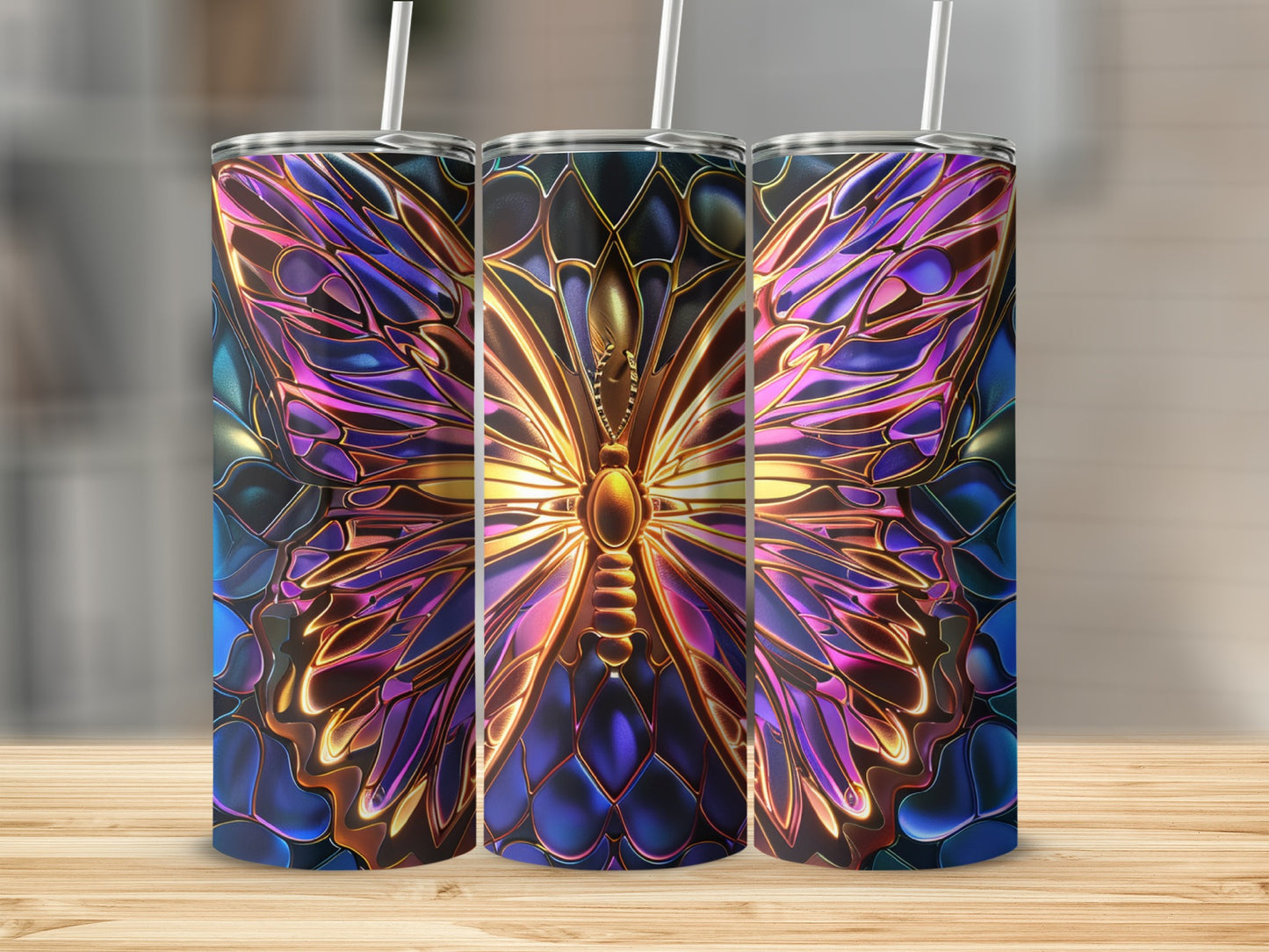 Three tumblers with a colorful stained-glass butterfly design.