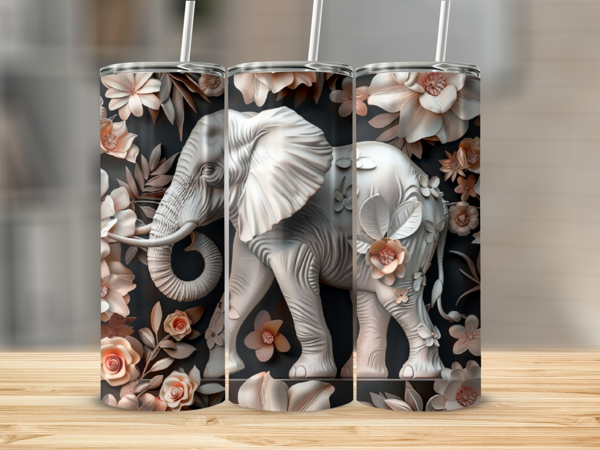 3D elephant with floral patterns on a textured background.