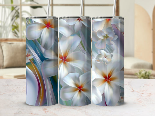 Three tumblers with white floral designs and ombre backgrounds.