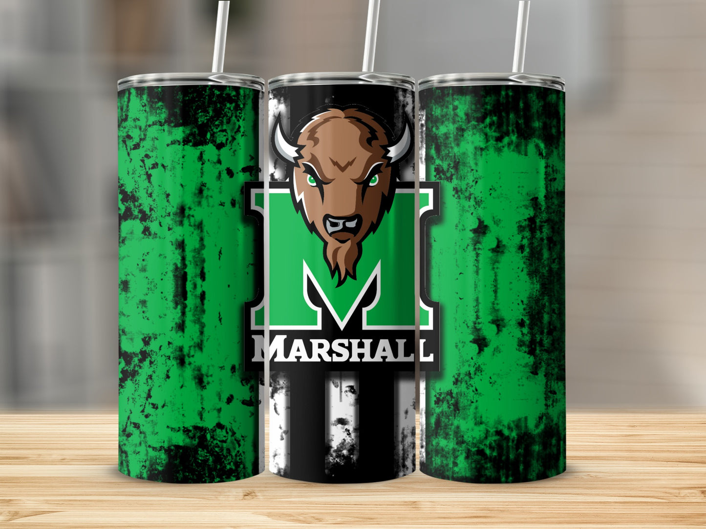 Three tumblers with Marshall University logo and green distressed design.