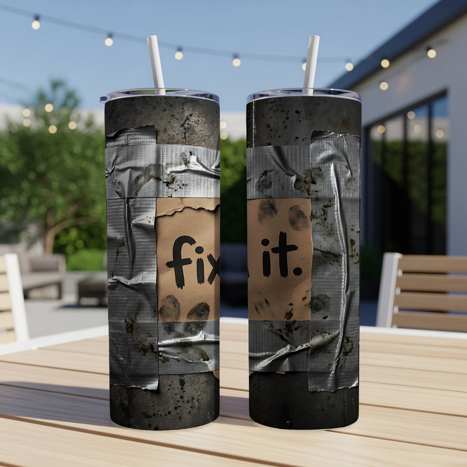 Duct-taped tumbler with "fix it." and fingerprint stains.