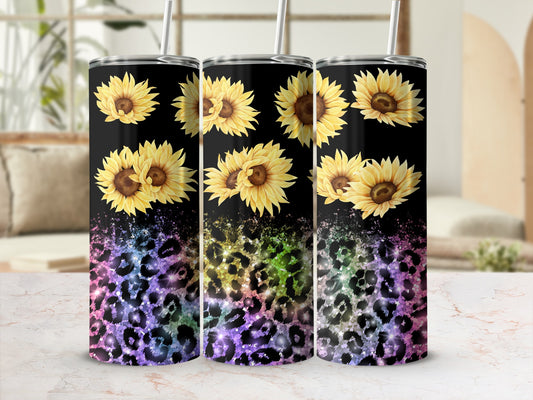 Three tumblers with sunflowers and a leopard print pattern.