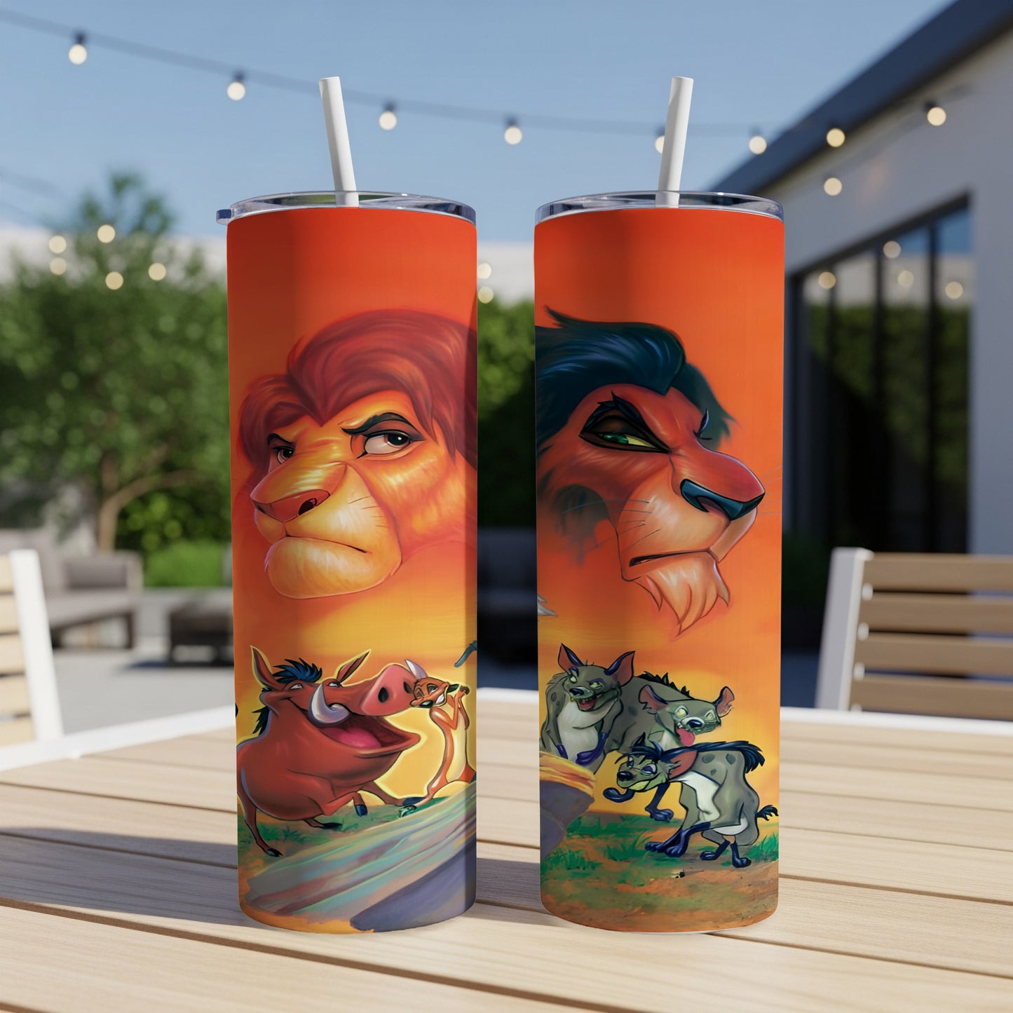 The Lion King characters Simba, Scar, Pumbaa, and Shenzi, Banzai, and Ed on a tumbler.
