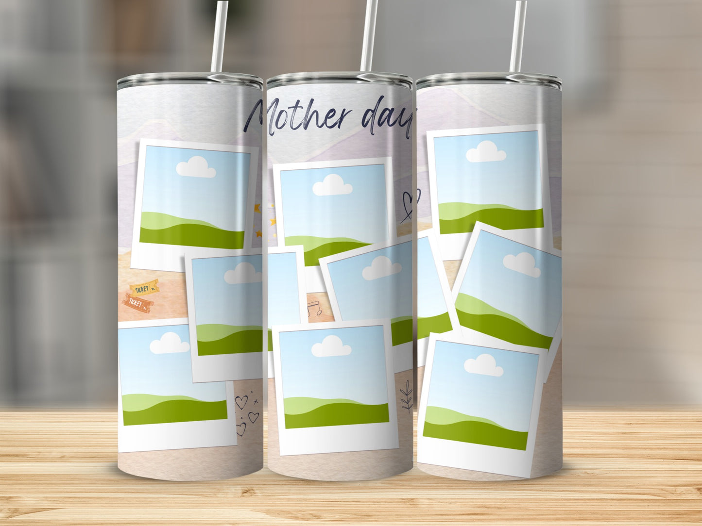 Tumblers with "Mother day" text and multiple photo frame placeholders.