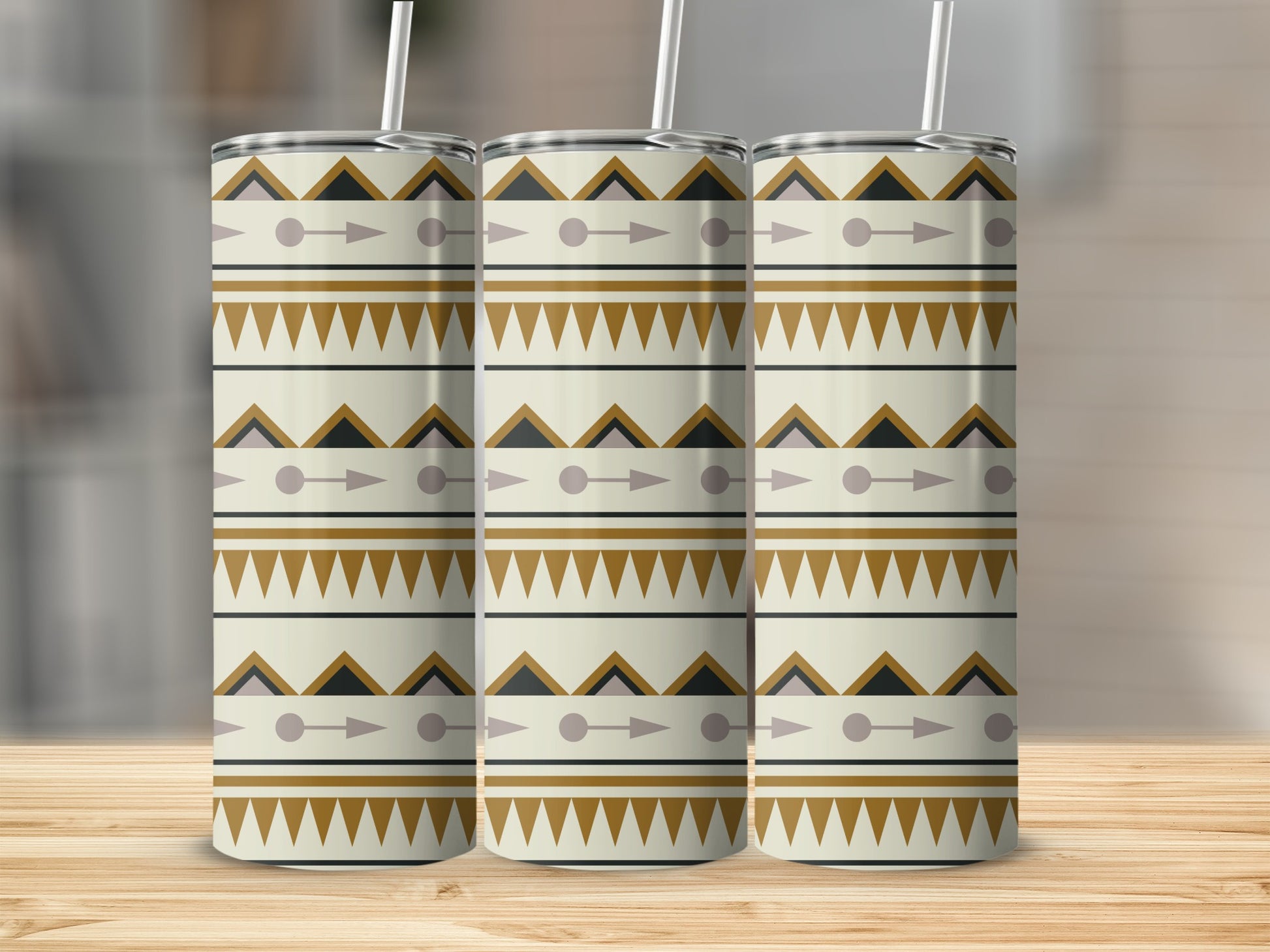 Geometric Pattern Tumbler with Arrows and Triangles