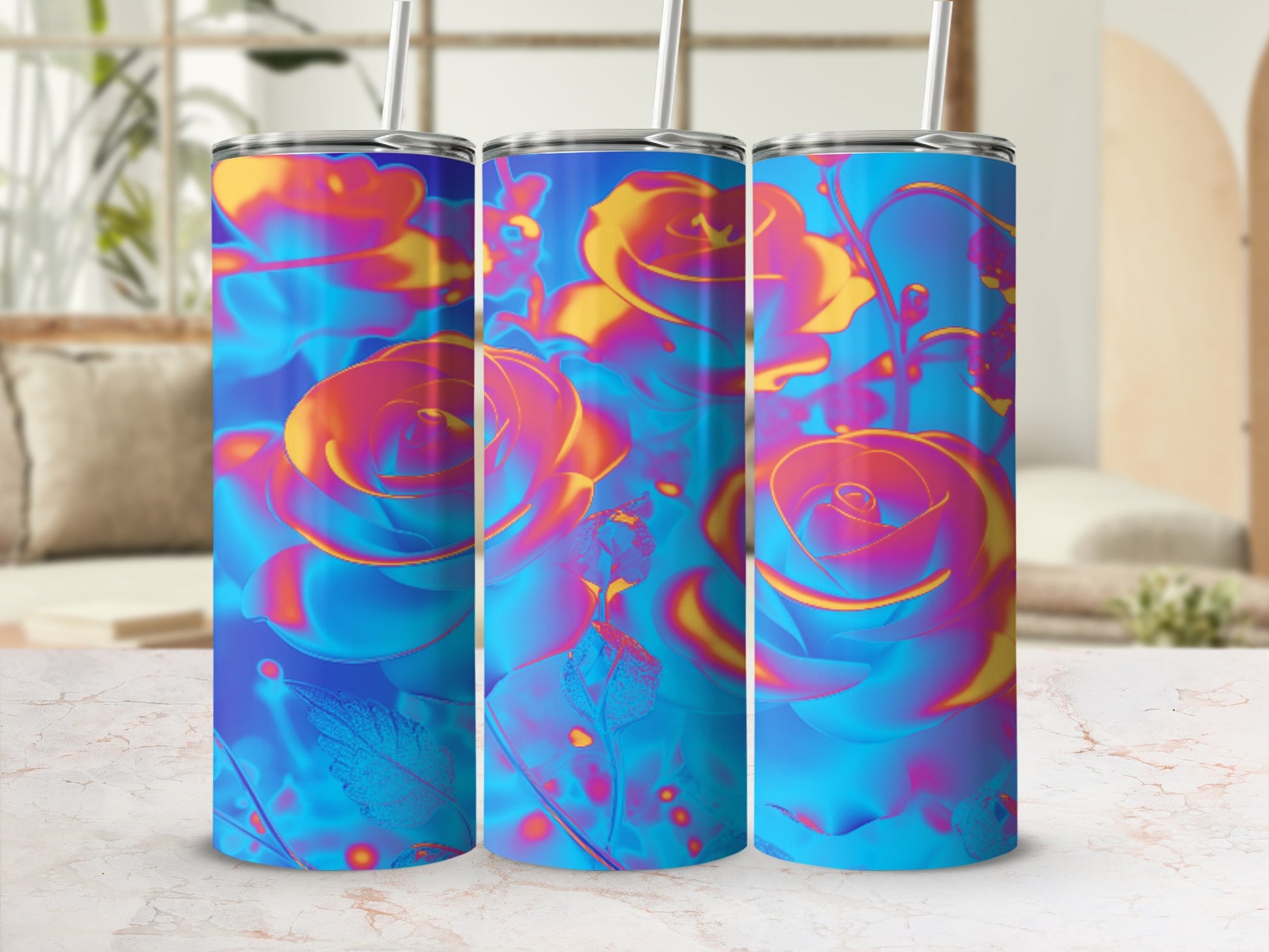 Three tumblers with abstract floral art in blue, yellow, and pink hues.