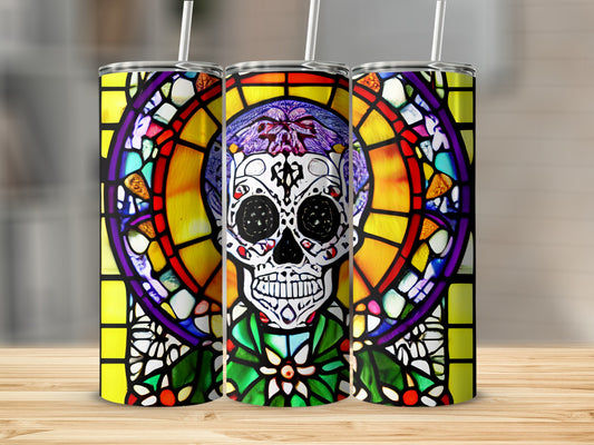 Sugar skull tumbler with stained glass halo and floral accents.