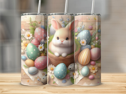 Easter bunny in basket with colorful eggs and flowers on wood background.