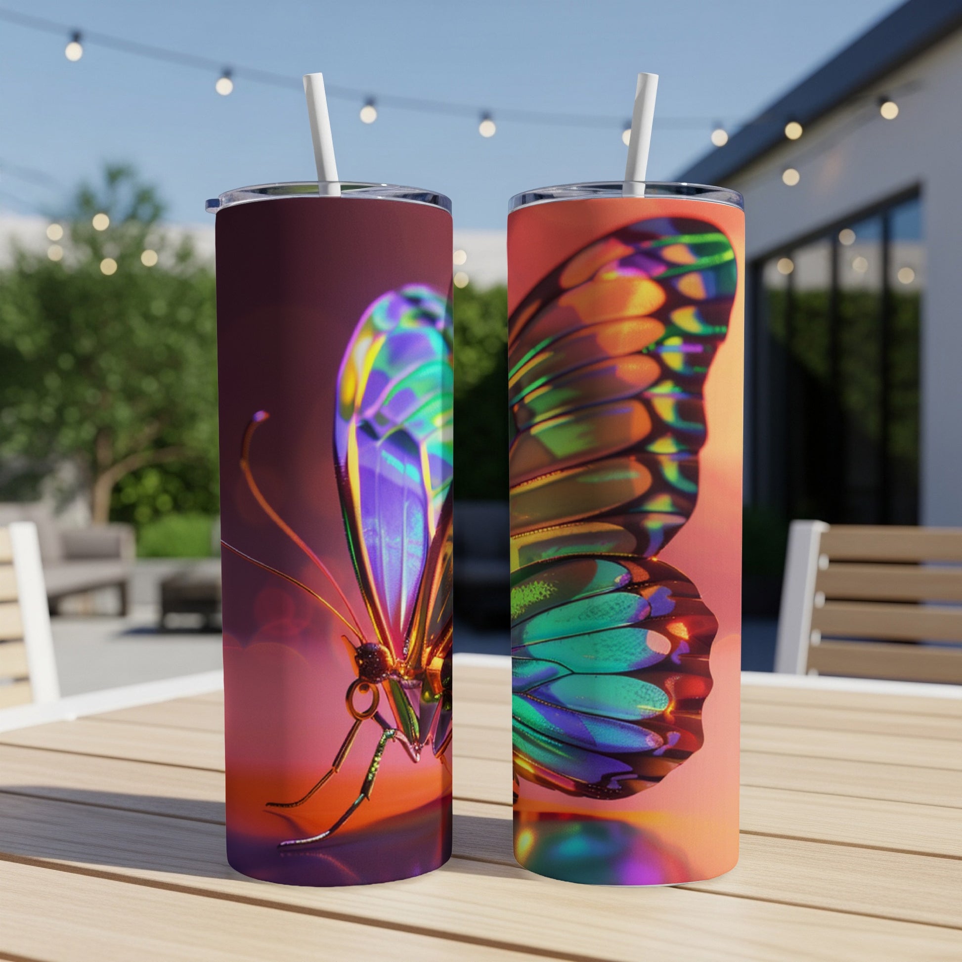 Two iridescent butterfly tumblers on a wooden table outdoors.