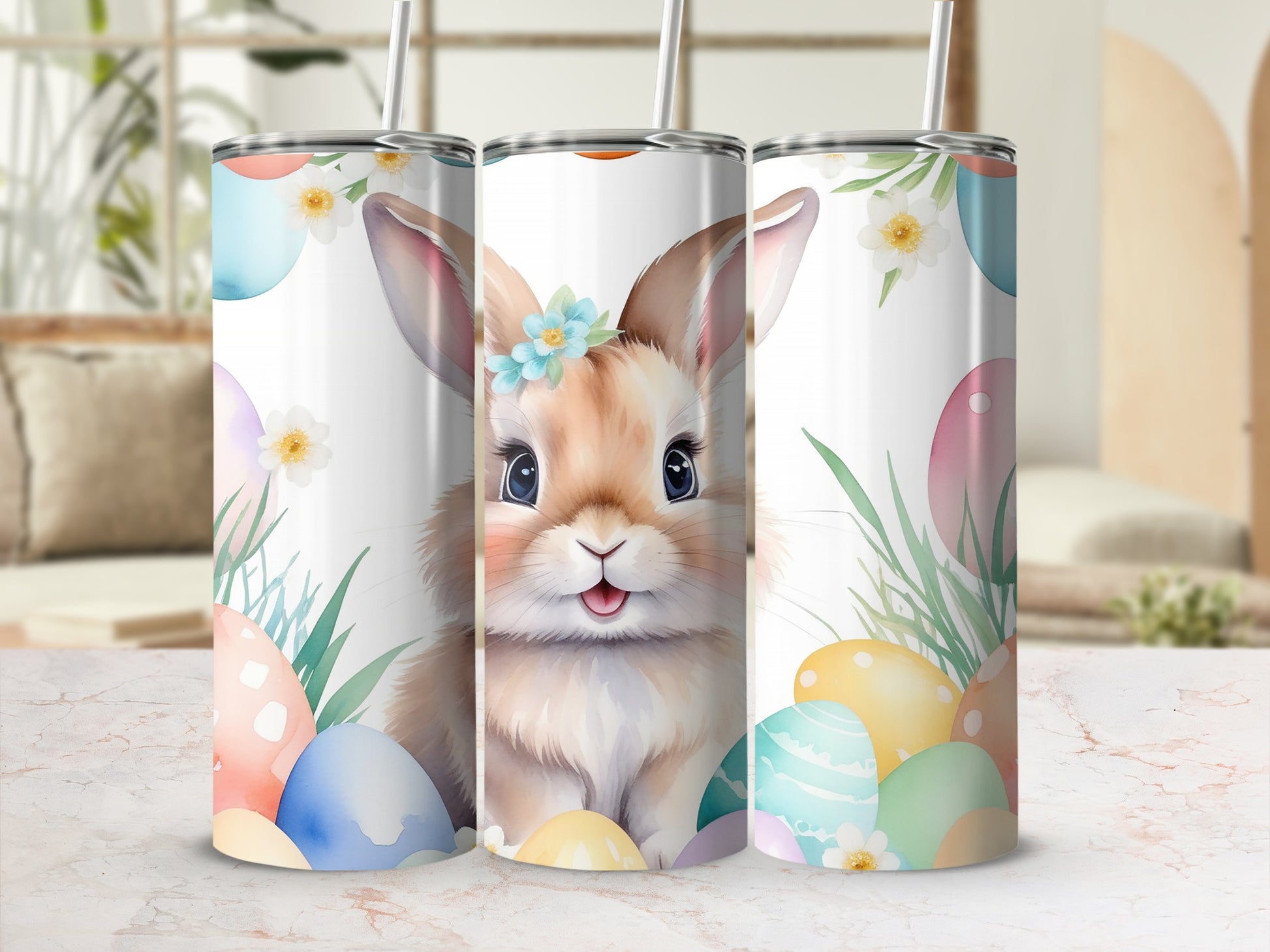 Easter bunny with pastel eggs and flowers on a tumbler.