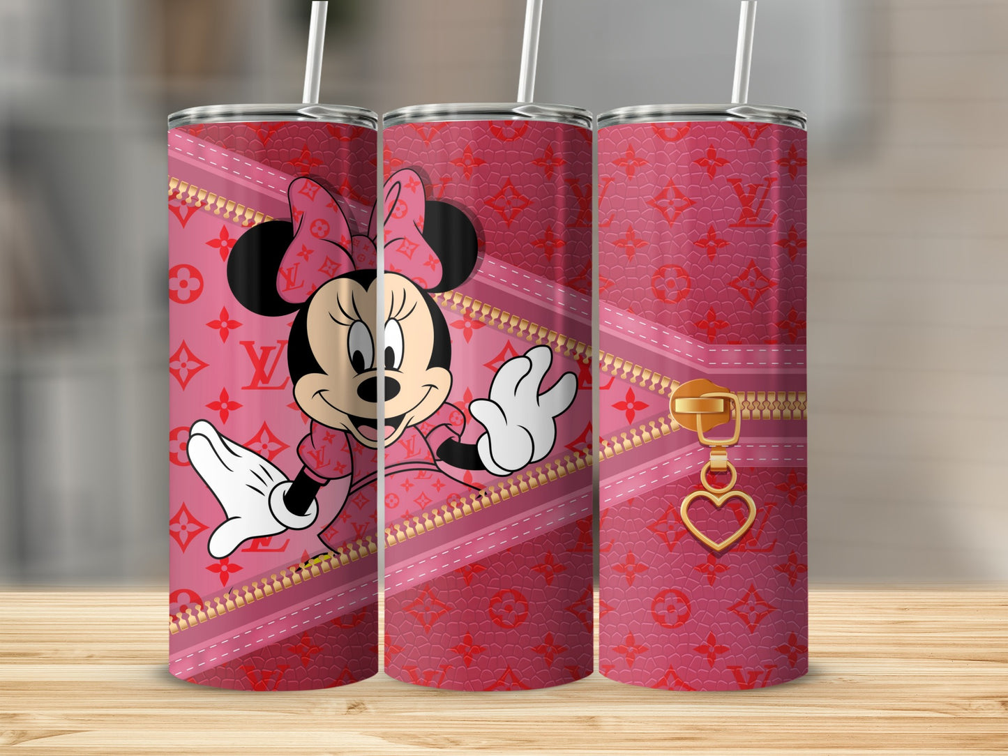 Minnie Mouse on pink LV monogram tumbler with gold zipper detail.