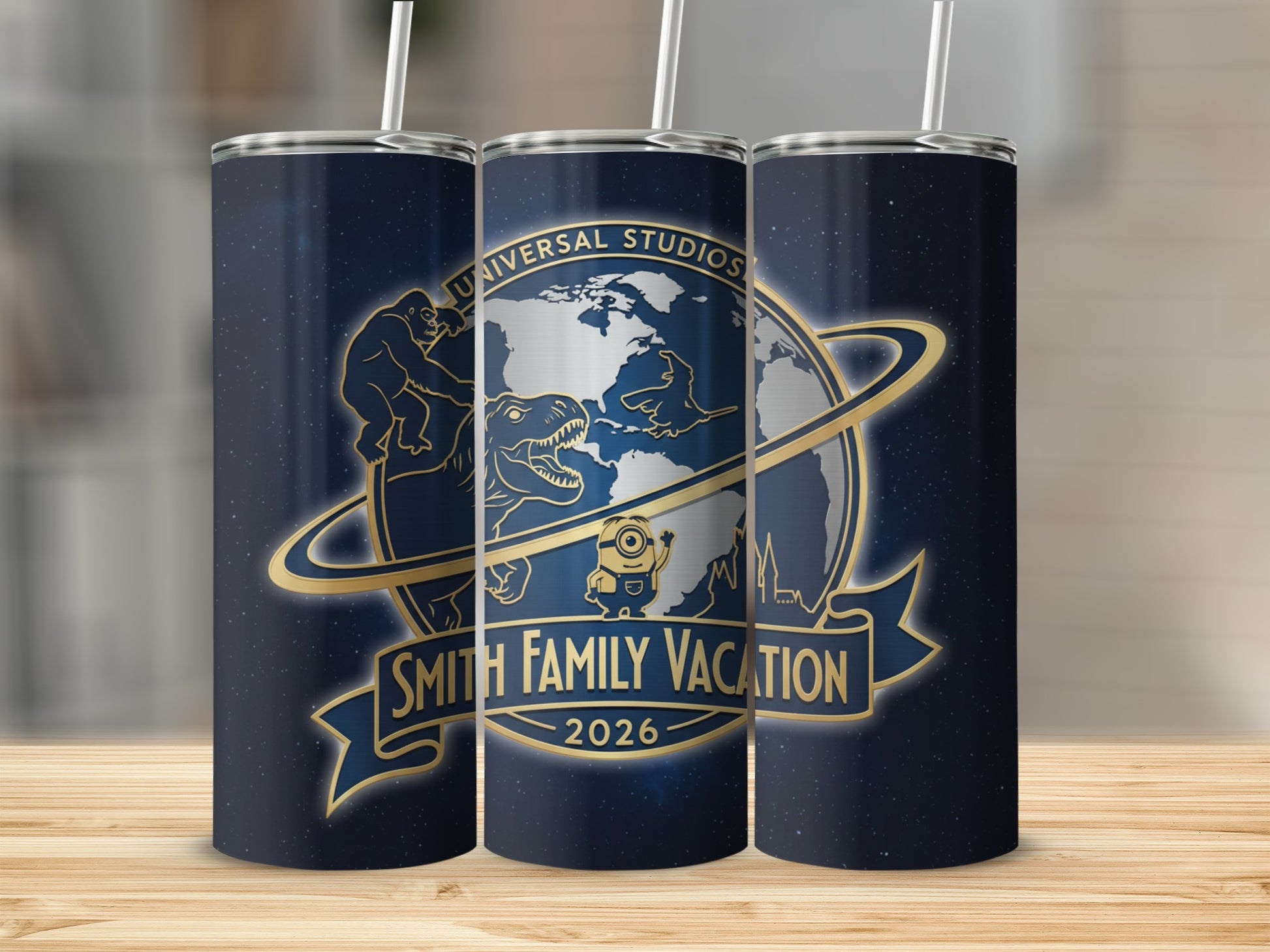 Universal Studios tumbler with "Smith Family Vacation 2026" personalized text.