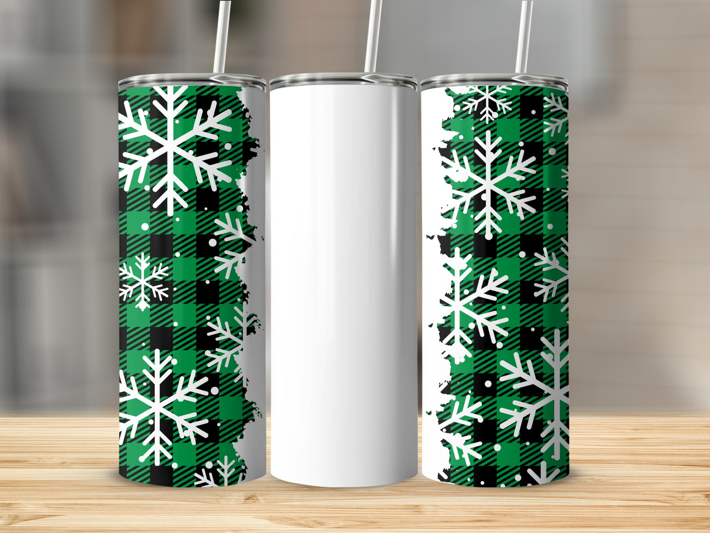 Green Plaid Tumbler with Snowflake Pattern Design