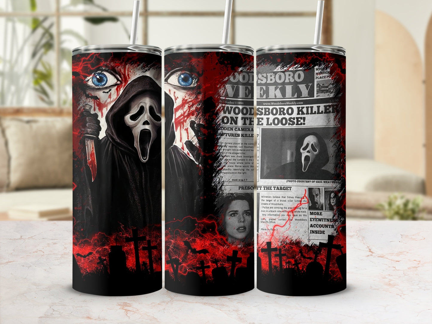 Tumbler with Ghostface mask, bloody knife, newspaper headlines, and cemetery graphics.
