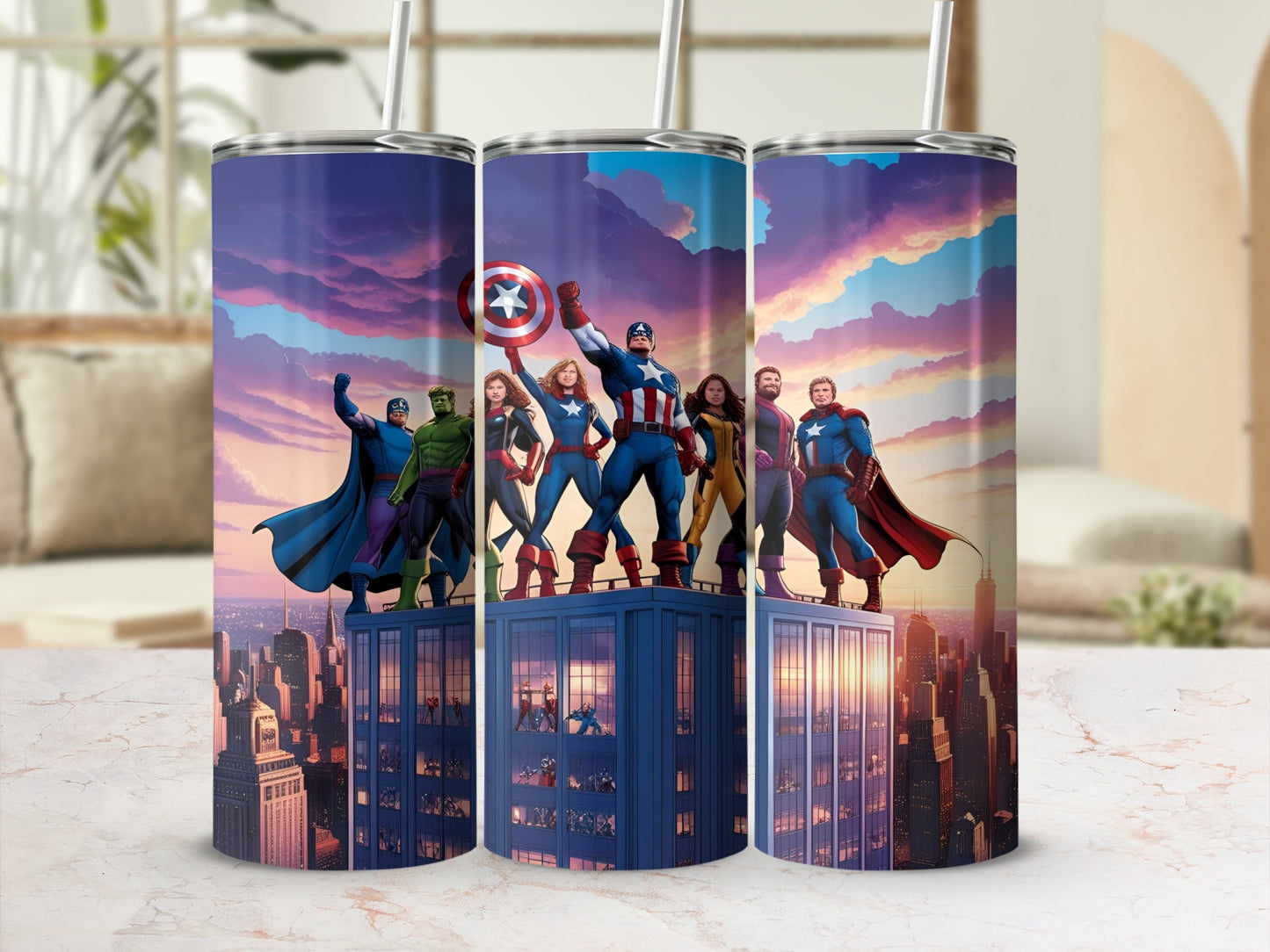 Avengers standing on a cityscape at sunset, rendered in comic art style.